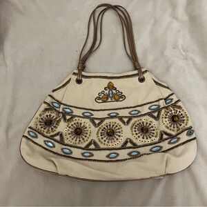 VIA SPIGA Draw String Purse Ramie Cotton Leather Trim Beads‎ Rhinestones Sequins